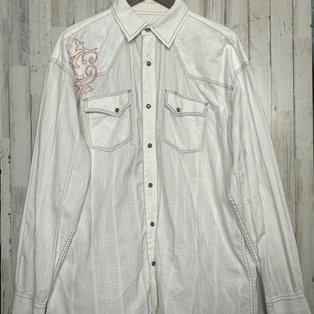 Cowboy Legend Pearl Snap Long Sleeve Shirt White Brown XXL Embroidered EUC